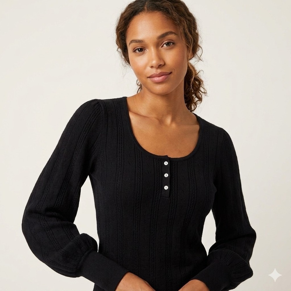Tuckernuck Sweater M New Black Pointelle Knit Henley Puff Sleeve Womens Medium